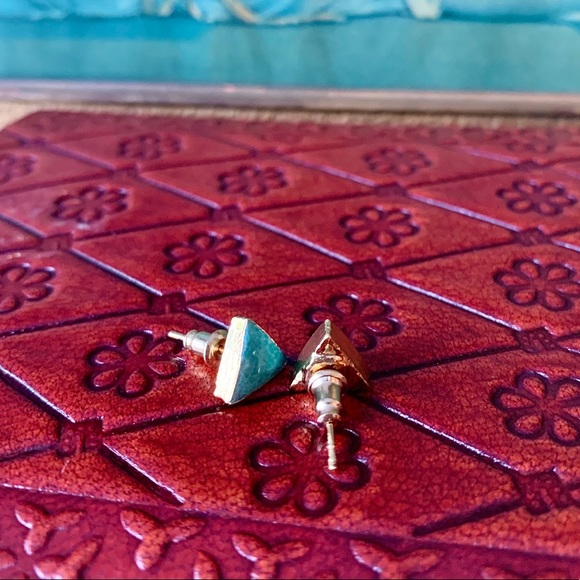 Genuine Turquoise 14k Plated Gold Triangle Studs - Picture 6 of 8